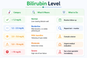 Infographic explaining bilirubin levels with normal, borderline, mild, moderate, and severe jaundice ranges, including liver health interpretation and recommended medical action.