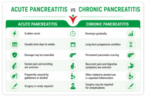 Acute and chronic pancreatitis comparison chart highlighting symptoms, causes, pancreatic damage, disease progression, and surgical treatment requirements.