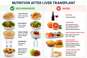 "Liver transplant diet infographic showing recommended foods and foods to avoid during recovery after liver transplant surgery."