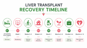 Liver transplant recovery timeline infographic outlining key recovery stages after liver transplant surgery, from ICU care to long-term follow-up and normal daily life. 