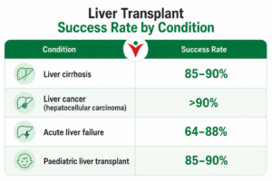 Liver transplant success rate in India by condition - liver cirrhosis 85-90%, liver cancer 90%