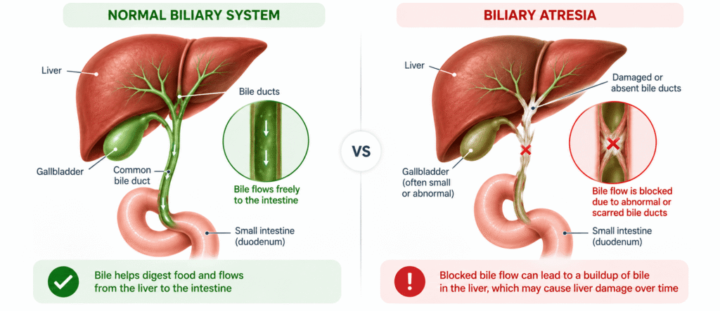 Medical illustration comparing normal bile flow with blocked bile ducts in biliary atresia