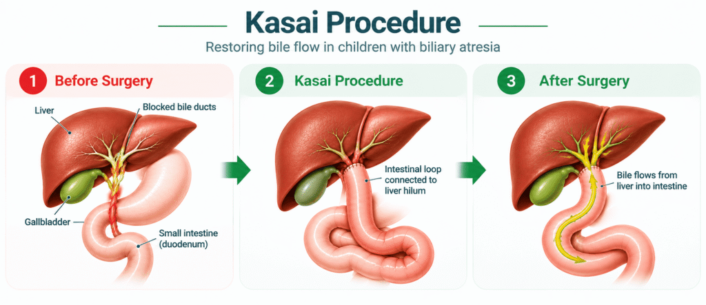 Kasai procedure for biliary atresia showing blocked bile ducts, intestinal connection to the liver and restored bile flow